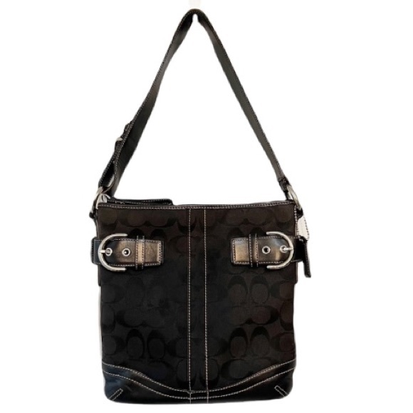 Coach Signature Canvas and Leather Hobo Shoulder Bag Black - Picture 1 of 15